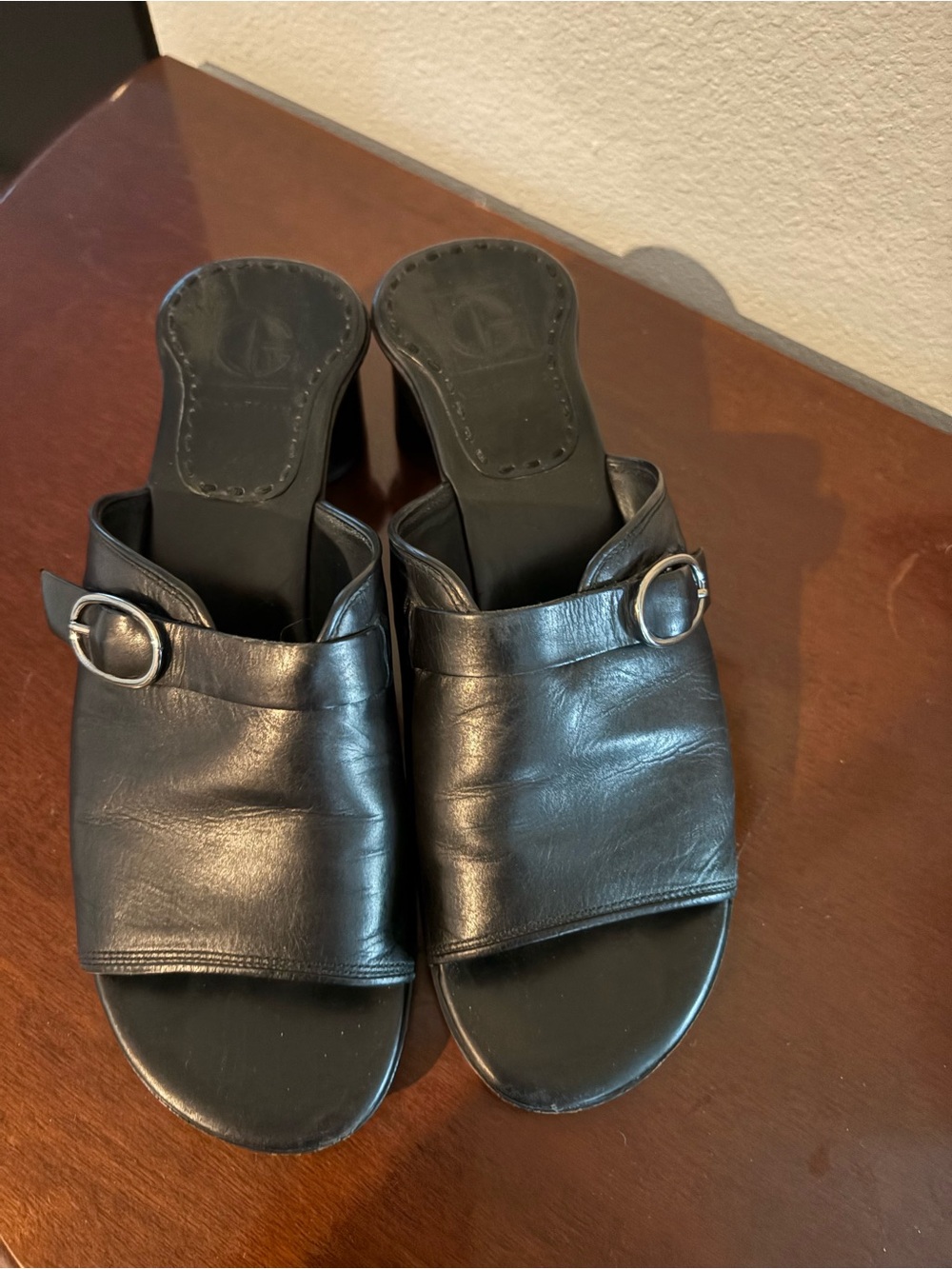Cole Haan Black Leather Open-Toe Mules with Silver Buckle